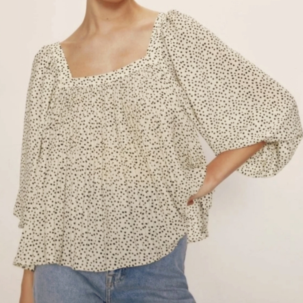 Pleated Top Blouse Zara Color Ivory With Dost Black Long Sleeve XS Out Tags